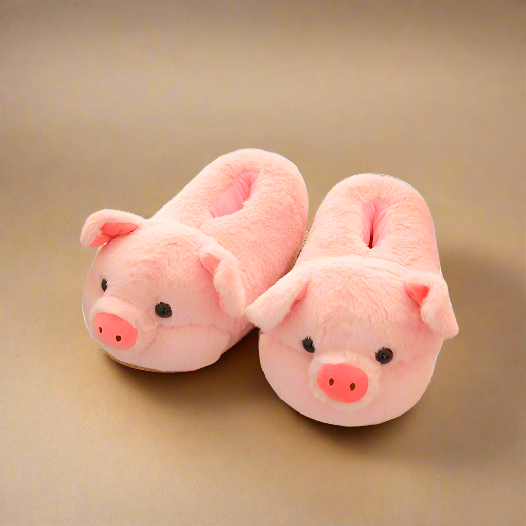 Adorable pig-shaped slippers with pink plush, 3D ears and snout, providing soft and cozy comfort