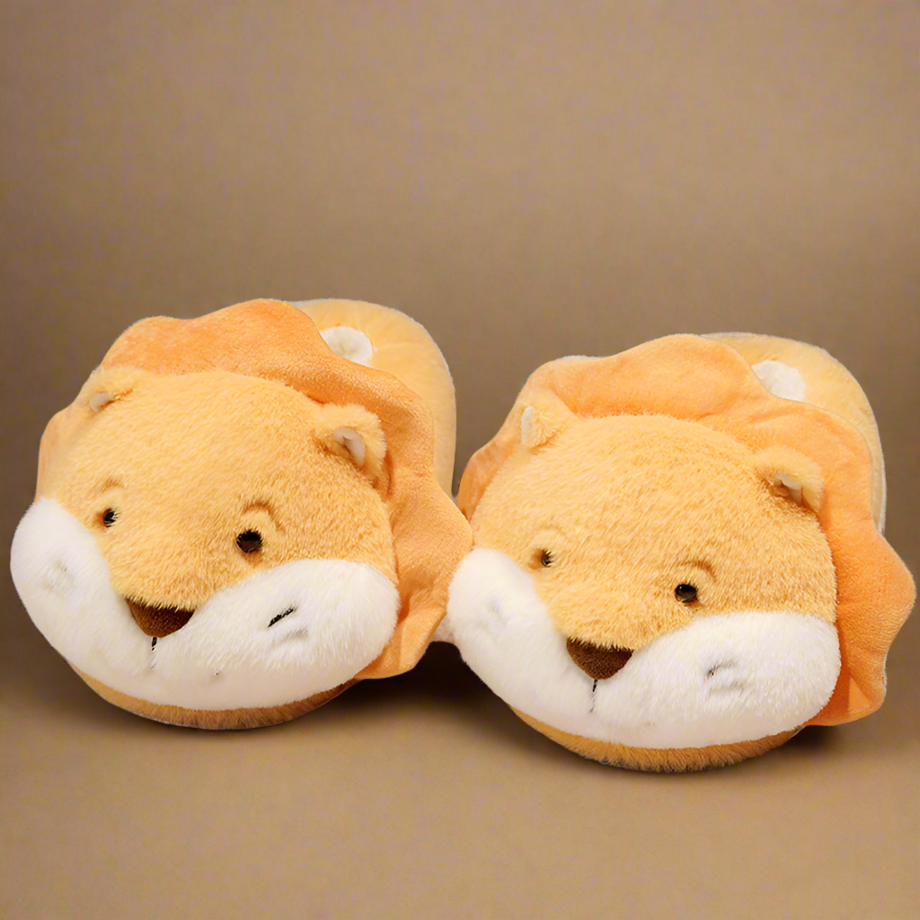 Warm lion-shaped slippers for adults, with golden plush fabric, fluffy mane, and 3D ears and nose for a playful look.