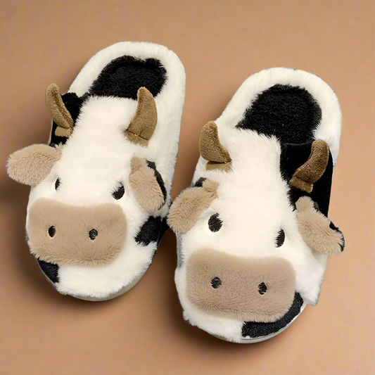 Soft and cozy cow-shaped slippers for adults, featuring black and white plush fabric with 3D ears and snout.