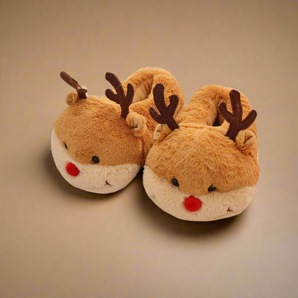 Festive reindeer slippers with brown plush, red nose, antlers, and Cosy lining, perfect for holiday warmth and fun.